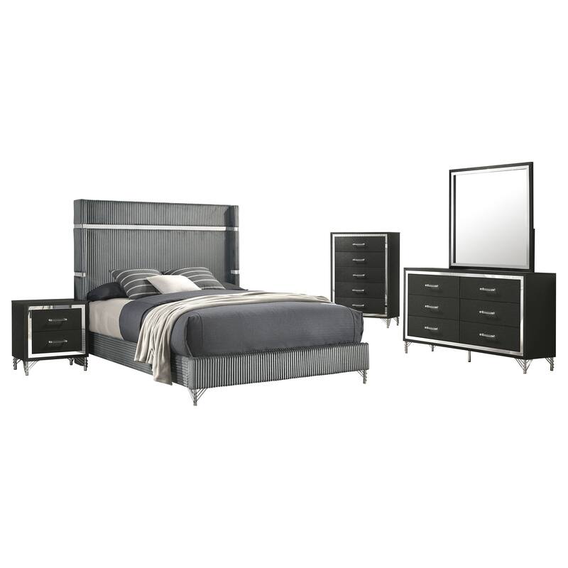Jenny 5pc Queen Bed Set, Gray Velvet Upholstery, Chrome, Black