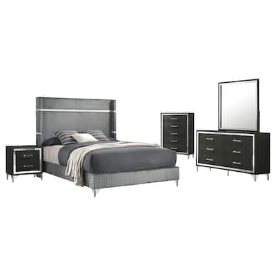 Jenny 5pc Queen Bed Set, Gray Velvet Upholstery, Chrome, Black