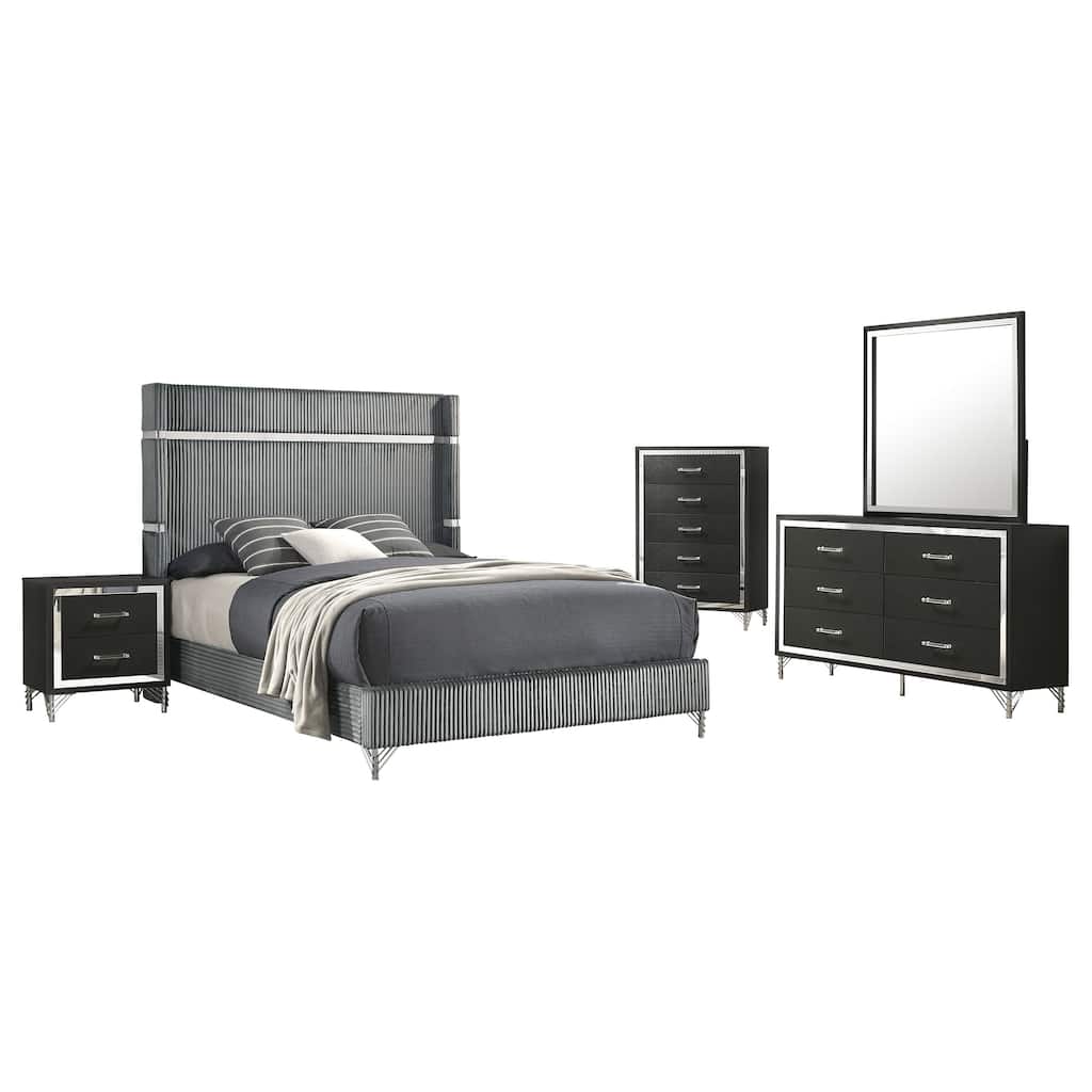 Jenny 5pc Queen Bed Set, Gray Velvet Upholstery, Chrome, Black
