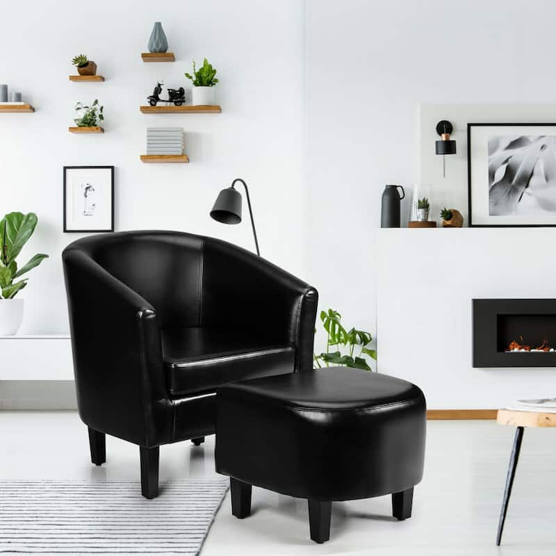Modern Upholstered Linen Fabric Lounge Armchair with Ottoman and Wood Legs for Living Room - 28" x 25" x 29" (L x W x H)