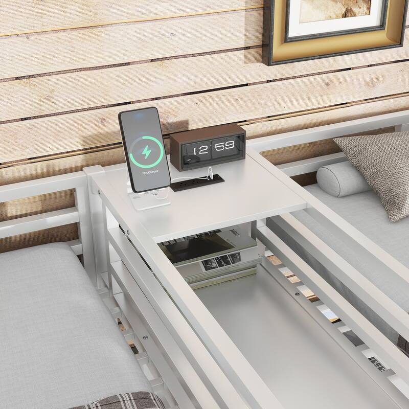 Twin Over Twin Metal Loft Bed with Double Desk, Wardrobe, Shelves & Electrical Outlet for Space Saving and Noise Reduction