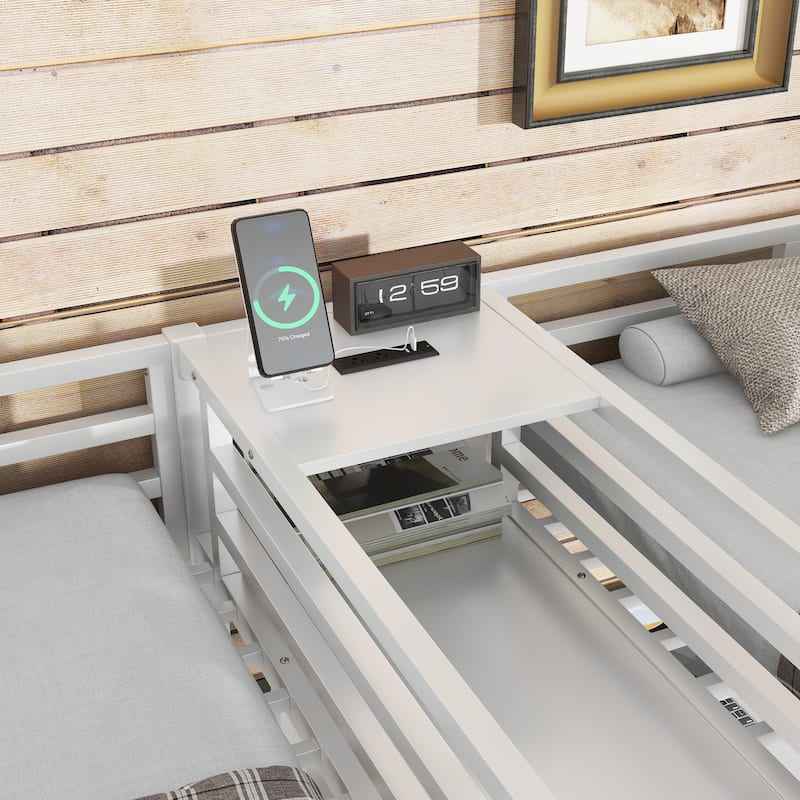 Twin Over Twin Metal Loft Bed with Double Desk, Wardrobe & Shelves