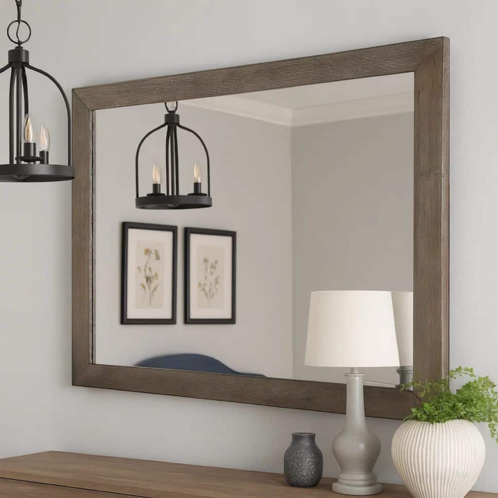 Mid Century Style Wooden Frame Mirror with Rough Hewn Saw Details, Brown