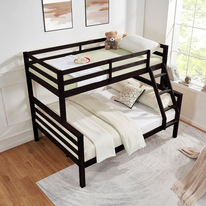 Twin over Full Wooden Bunk Bed,High Guardrail,Ladder,No Box Spring