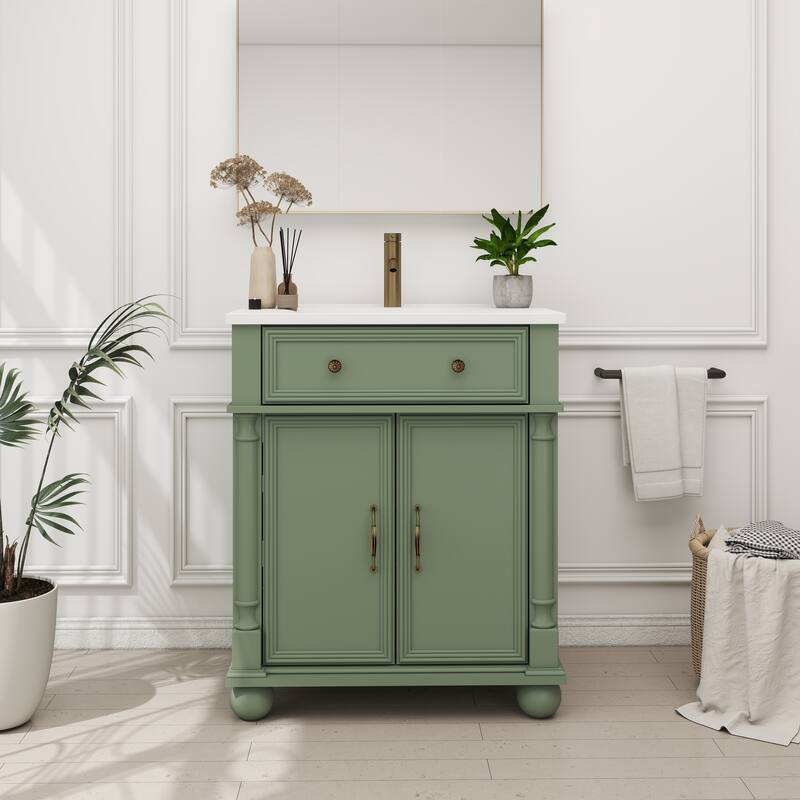 27.8-Inch Mid-Century Bathroom Vanity Sink with Roman Column Base, Farmhouse Freestanding Storage Cabinet
