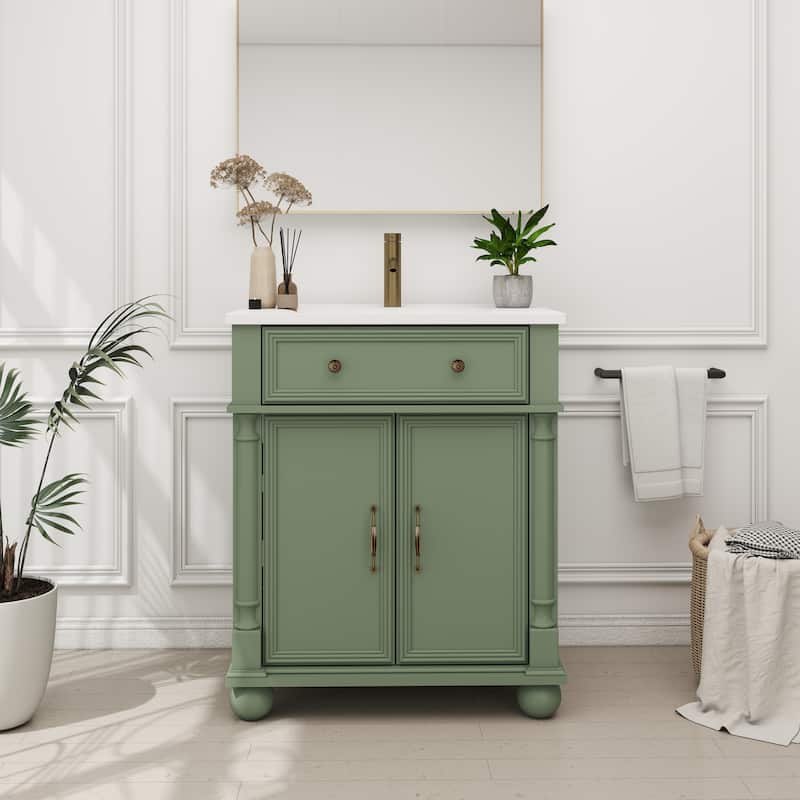 28"/36" Bathroom Vanity with Sink, Integrated Ceramic Basin Vanity Cabinet with Roman Column Base, Solid Wood Frame