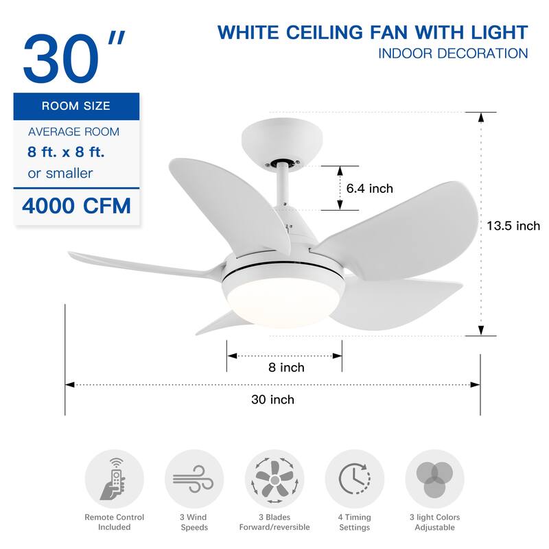 6 Speeds Integrated LED Ceiling Fan Lighting with Remote Control, 30 inch Low Profile Ceiling Fans with 5 Reversible Blades