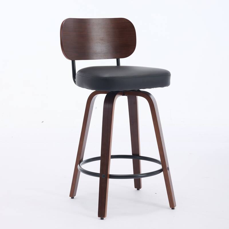 2-Pcs Swivel Bar Chairs Island Stools Set of 2, Leather Counter Height Barstools with Walnut Back & Bentwood Legs