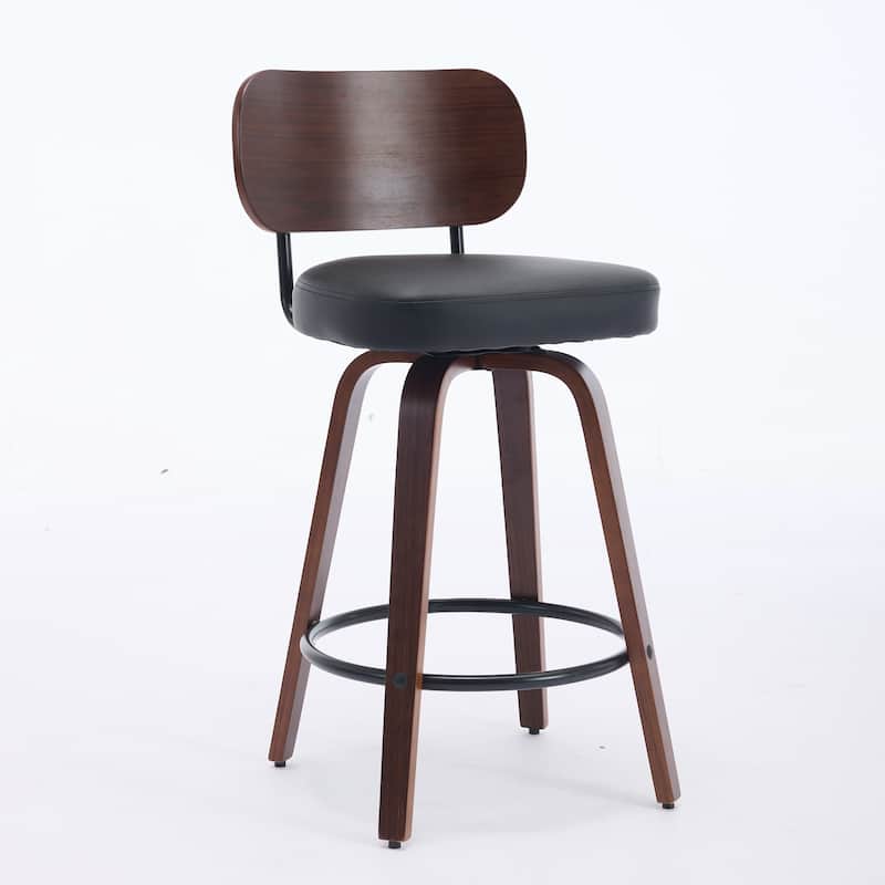 Swivel Bar Stools Set of 2, 26" Upholstered Faux Leather Counter Height Barstools with Walnut Back & Bentwood Legs