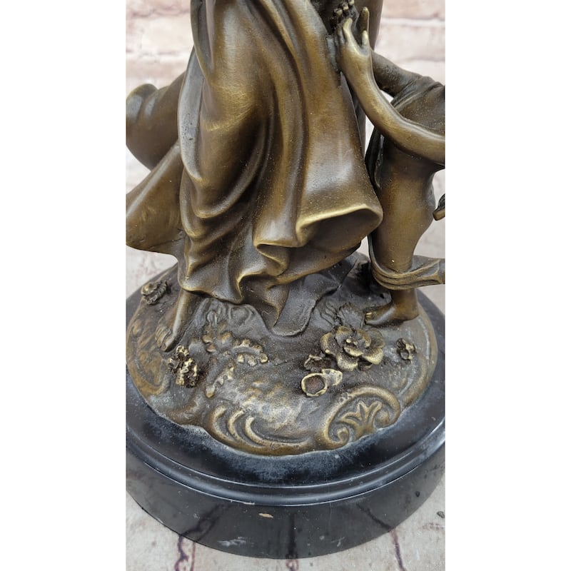 Young Woman W/ Flower Basket Winged Cherub Child - Bronze Sculpture By Milo