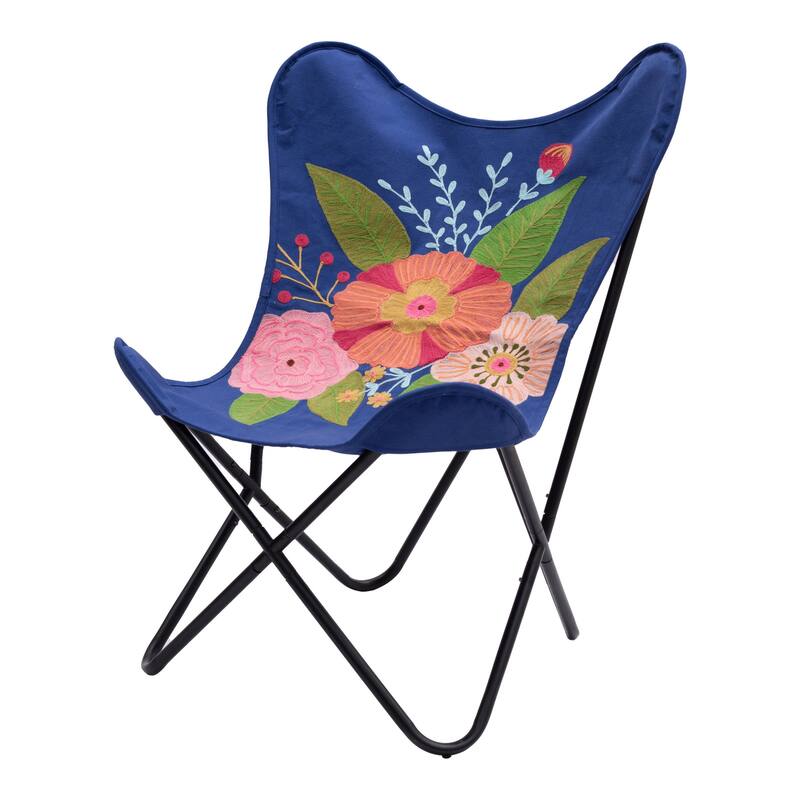 HomeRoots 26" Blue And Black Tropical Oversized Flowers Butterfly Chair - 26' X '35' X '25.2