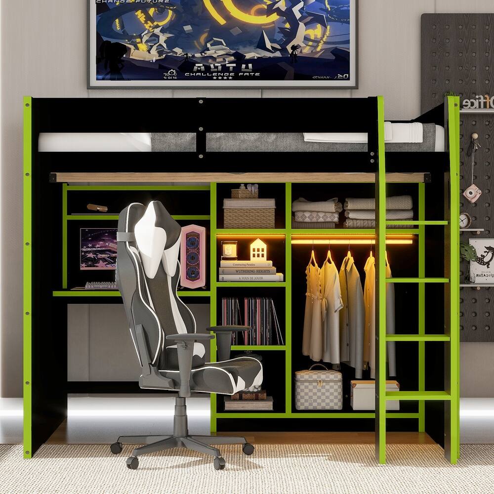 Full Size Gamer Loft Bed with Desk, Storage, RGB Light & USB Port