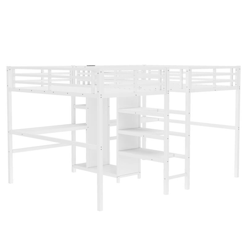 Twin Over Twin Metal Loft Bed with Double Desk, Wardrobe & Shelves