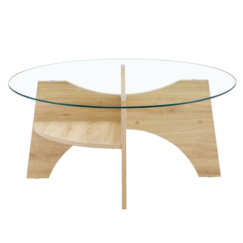 GDFStudio Marcellus Tempered Glass Coffee Table with Wood Legs and Fan-Shaped Pedestal Design