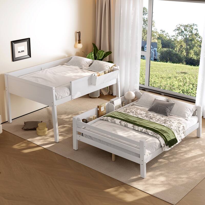 Wood Bunk Bed with Storage Shelves and Bookshelf, Ladder & Guardrails, Detachable Design