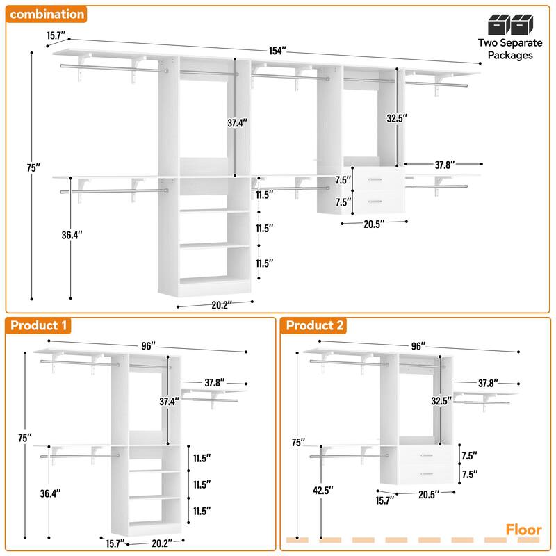 Closet System with 2 Sets, 154'' Walk-in Closet Organizer System with 2 Drawers & 8 Hanging Rods & 6 Reversible Shelf Towers