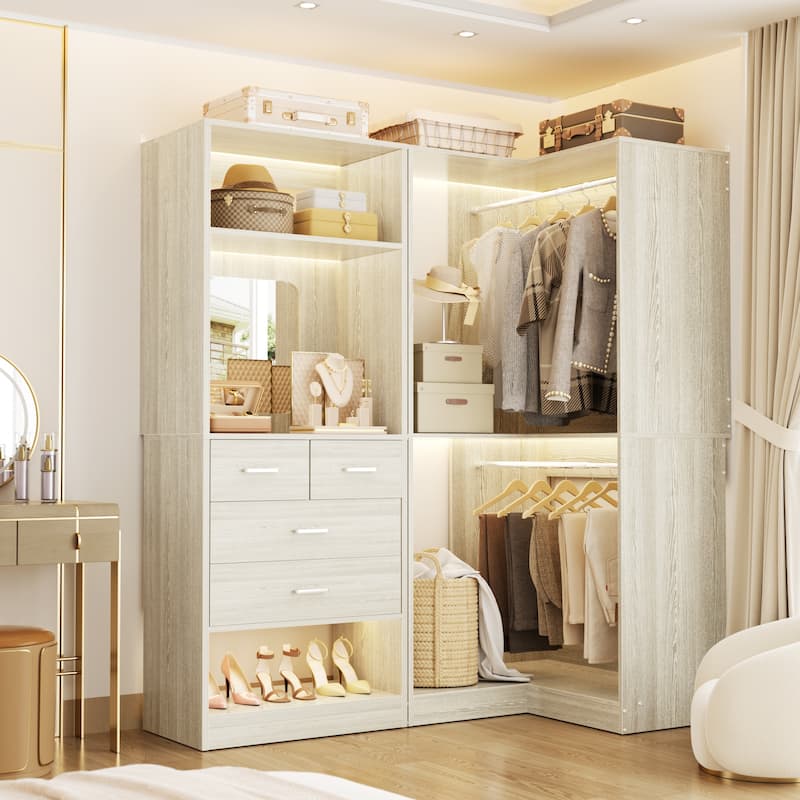 Cimly Set of 2 Corner Closet System WITH Drawers, Freestanding Closet Organizer with Hanging Rods and Shelves