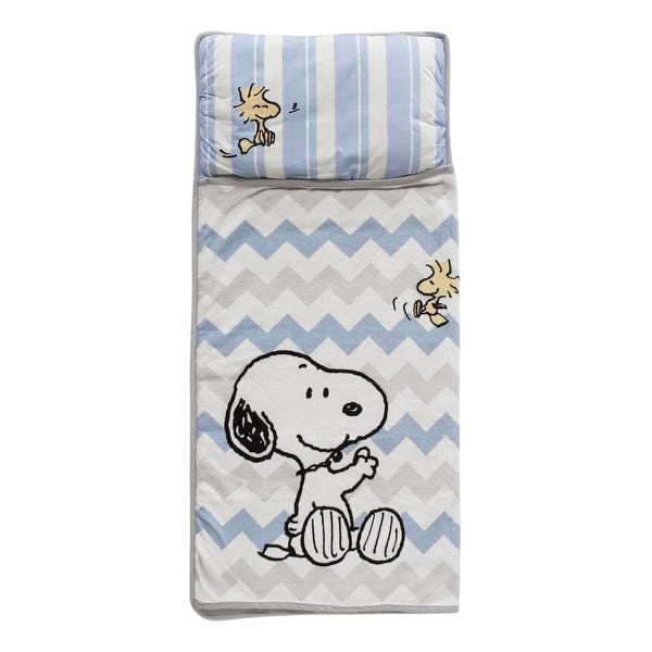 slide 2 of 2, Lambs & Ivy My Little Snoopy™ Blue/Gray/White Chevron Toddler Nap Mat