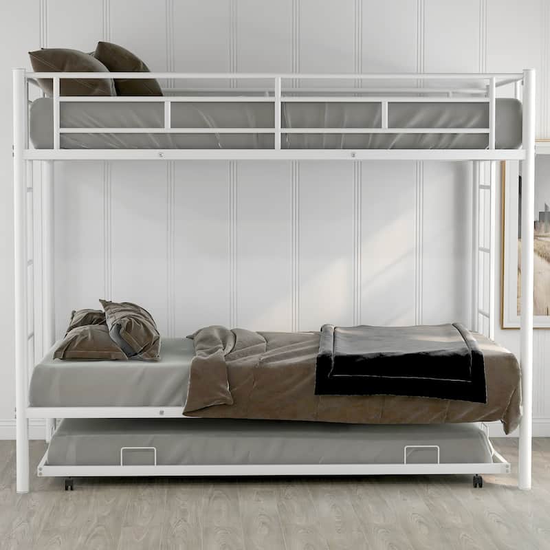 White Twin Over Twin Bunk Bed with Trundle, Space-Saving Design