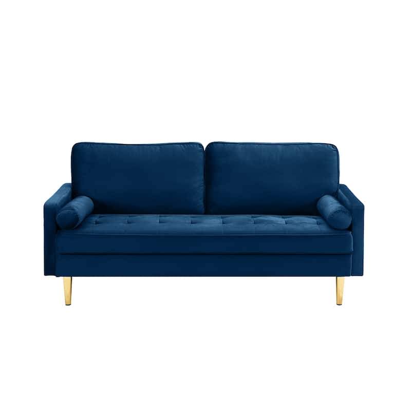 Velvet Loveseat Upholstered Corner Sofa Tufted Couch with 2 Cylindrical Pillow for Living Room 2-seat Armchair - Navy