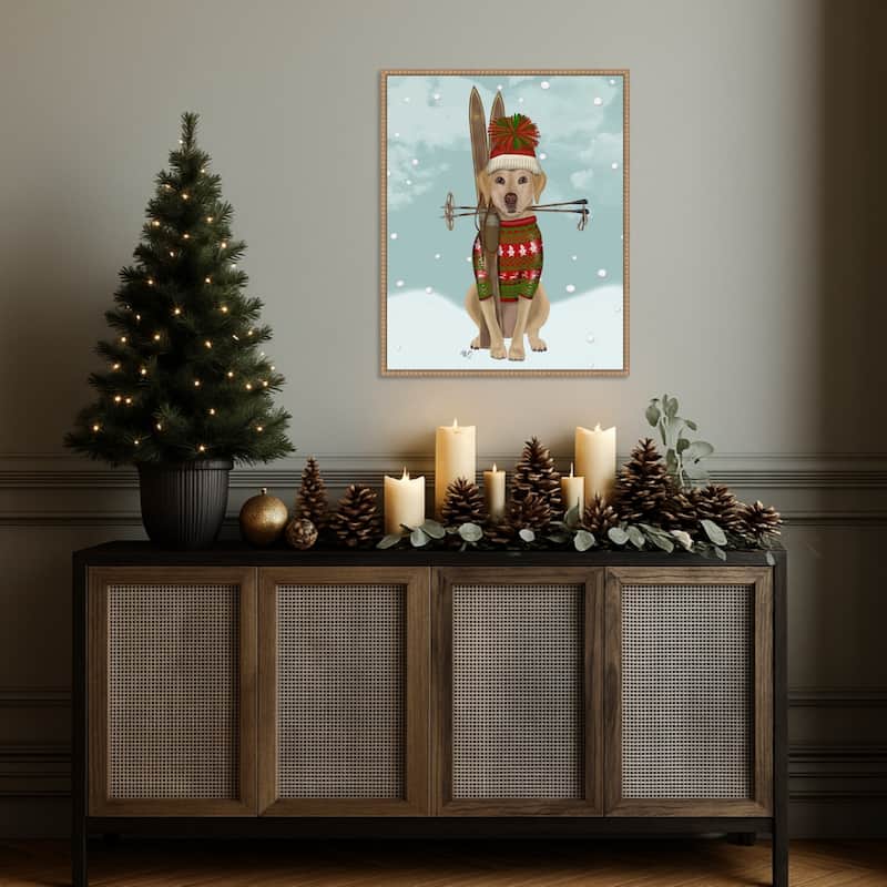 Yellow Labrador Skiing by Fab Funky (23 x 28 in.), Framed Canvas Wall Art Print - Sylvie Beaded Rustic Natural