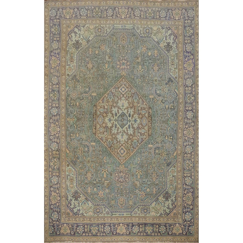 Hand Knotted Oriental 100% Wool Carpet Traditional Floral Navy Blue & Blues Tabriz Area Rug - 11' 0'' X 8' 2''