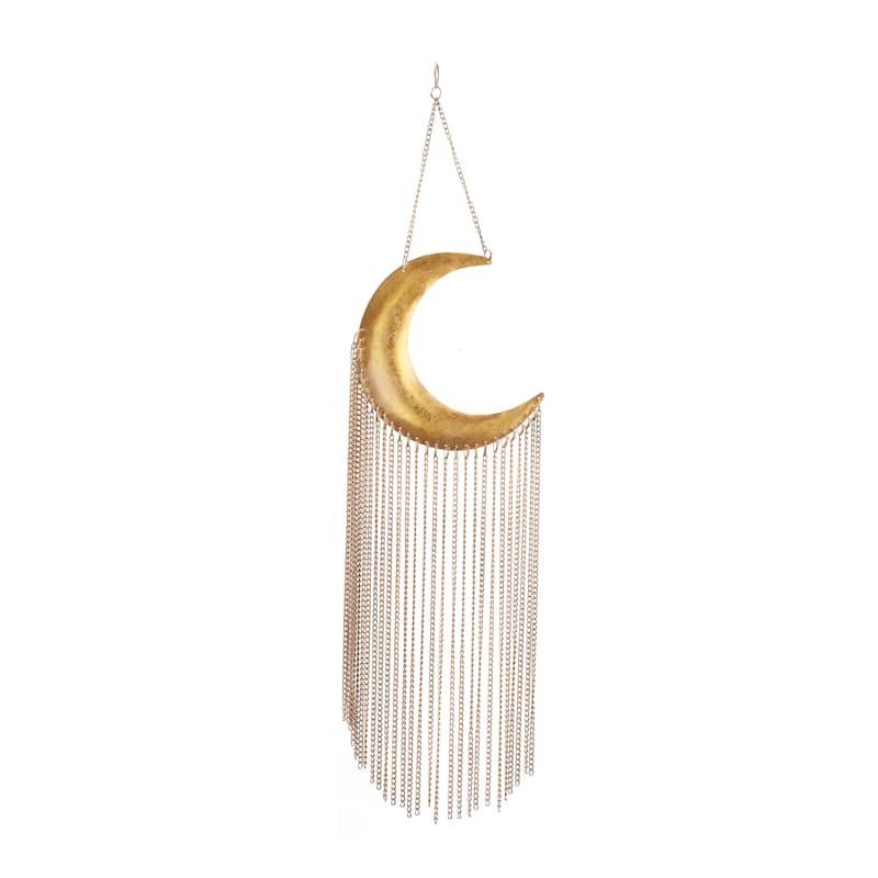 Gold Metal Indoor Outdoor Moon Windchime with Chain Tassels