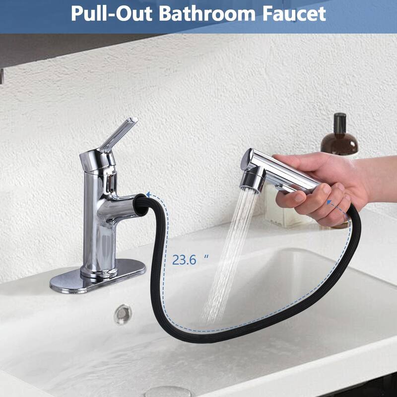 Stainless Steel Bathroom Faucet with Pull-Out Sprayer & 3 Settings