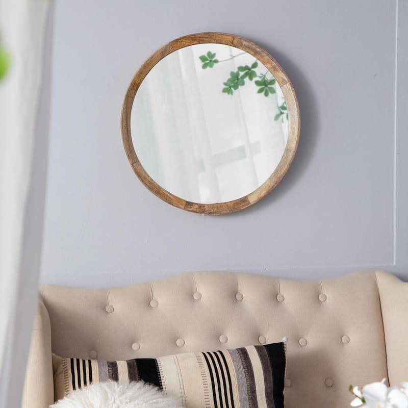 Round mirror with solid wood frame
