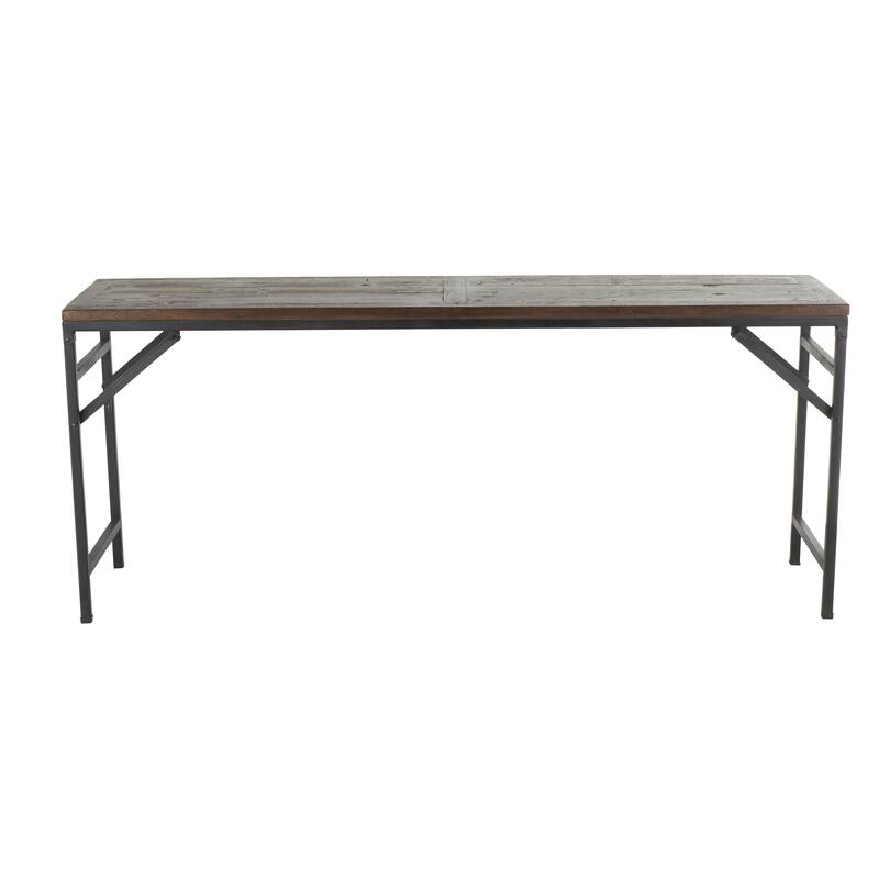 Dark Brown Teak Wood Long Living Room Console Table with Black Metal Legs