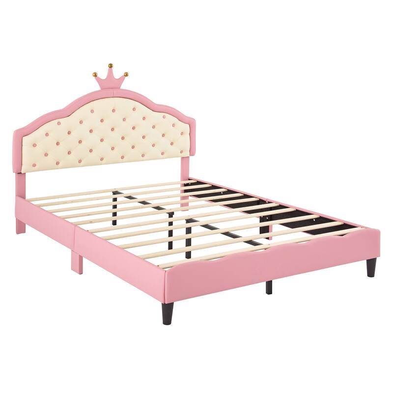 Full Size Pink Princess Bed with Crown-Shaped Tufted Headboard, PU Leather Upholstered MDF and Metal Frame
