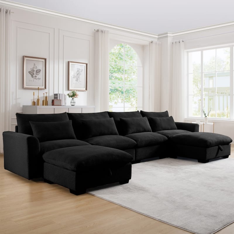 Corduroy Reversible Modular Sectional Sofa with 2 Storage Ottomans and 4 Waist Pillows - Black