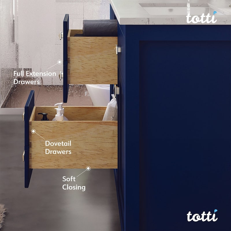 Totti Artemis 48" Blue Transitional Double Sink Bathroom Vanity w White Carrara Style Man-Made Stone Top - 48