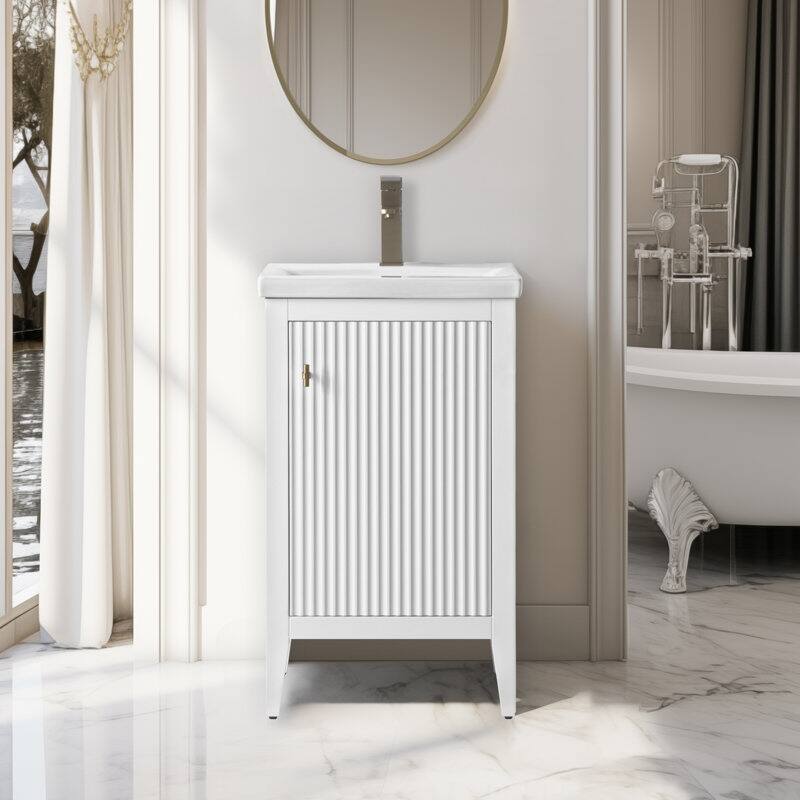 Vanity Art 20" Single Sink Bathroom Vanity Cabinet with Ceramic Top - 20"/Golden Brushed Handle - Linear White