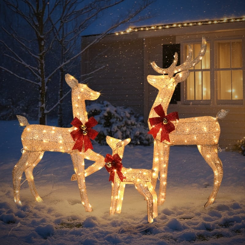 3-Piece Lighted Christmas Reindeer Family Set Outdoor Decorations Weather Proof Sparkling Deer Family