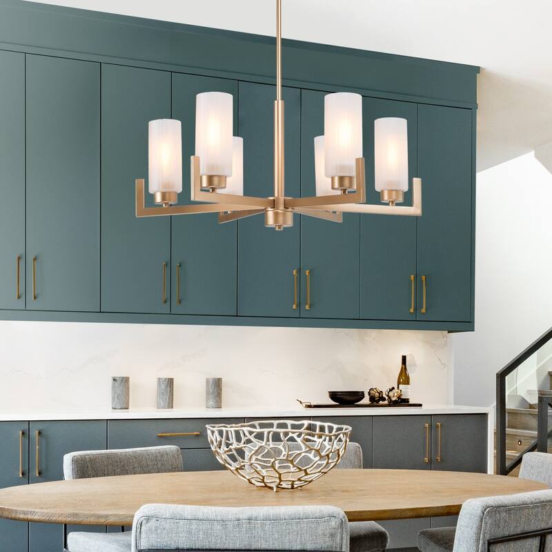 Modern Gold 6-Light Frosted Glass Wagon Wheel Chandelier for Dining Living Room - 27.5"Dx30.5"H