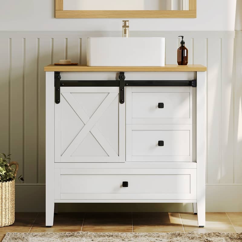 Moasis Farmhouse Bathroom Vanity Cabinet with Ceramic Sink Basin and Sliding-Door Cabinet & 3 Drawers - White