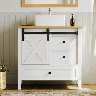 Moasis Farmhouse Bathroom Vanity Cabinet with Ceramic Sink Basin and Sliding-Door Cabinet & 3 Drawers
