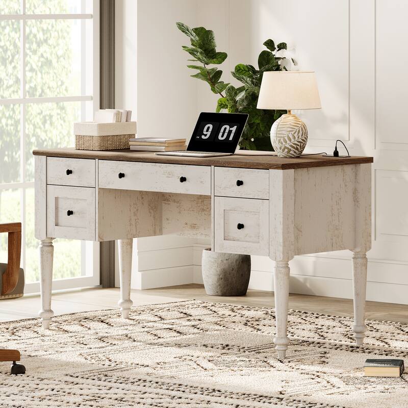 56'' Farmhouse Executive Desk with Drawers White/Oak - 5 Drawers and 2 Doors - Rustic White