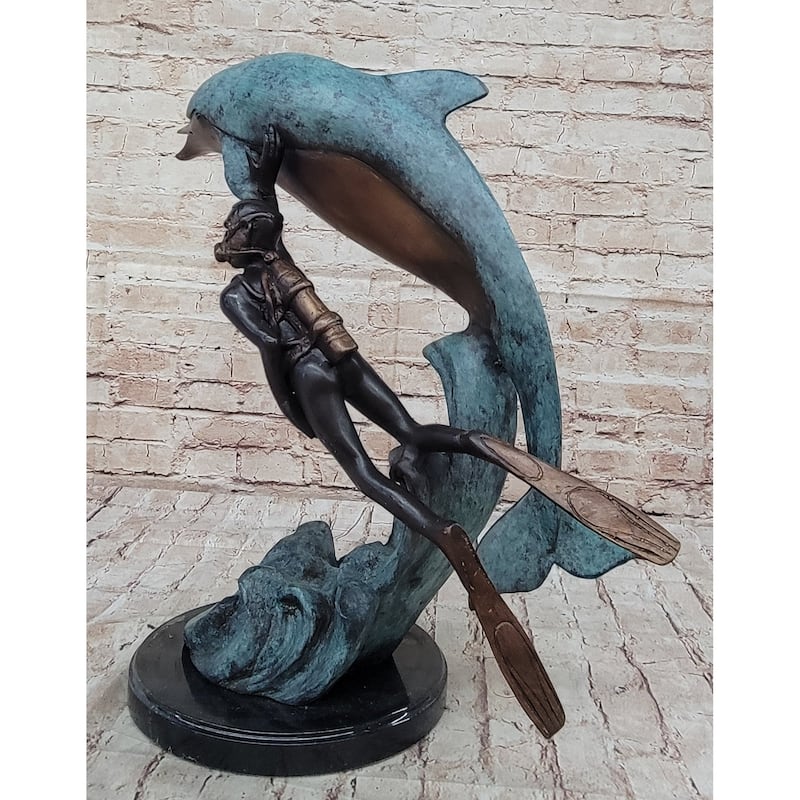 Scuba Diver Imitative Dolphin Real Bronze Sculpture Statue Original Numbered Art By Marius