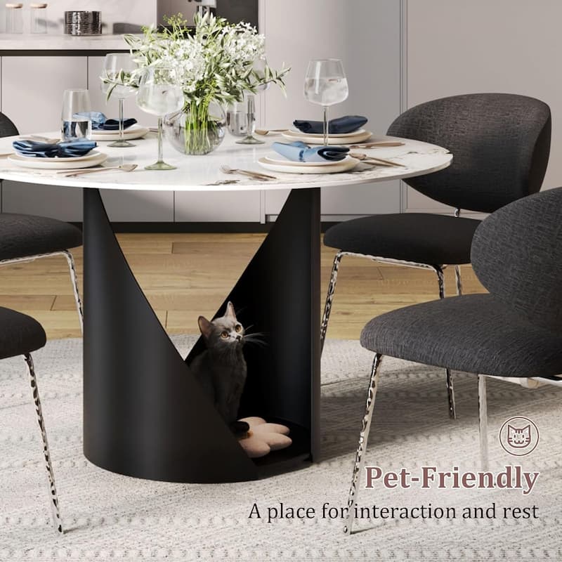 White Round Sintered Stone Dining Table with Matte Black Sandblasted Texture Base