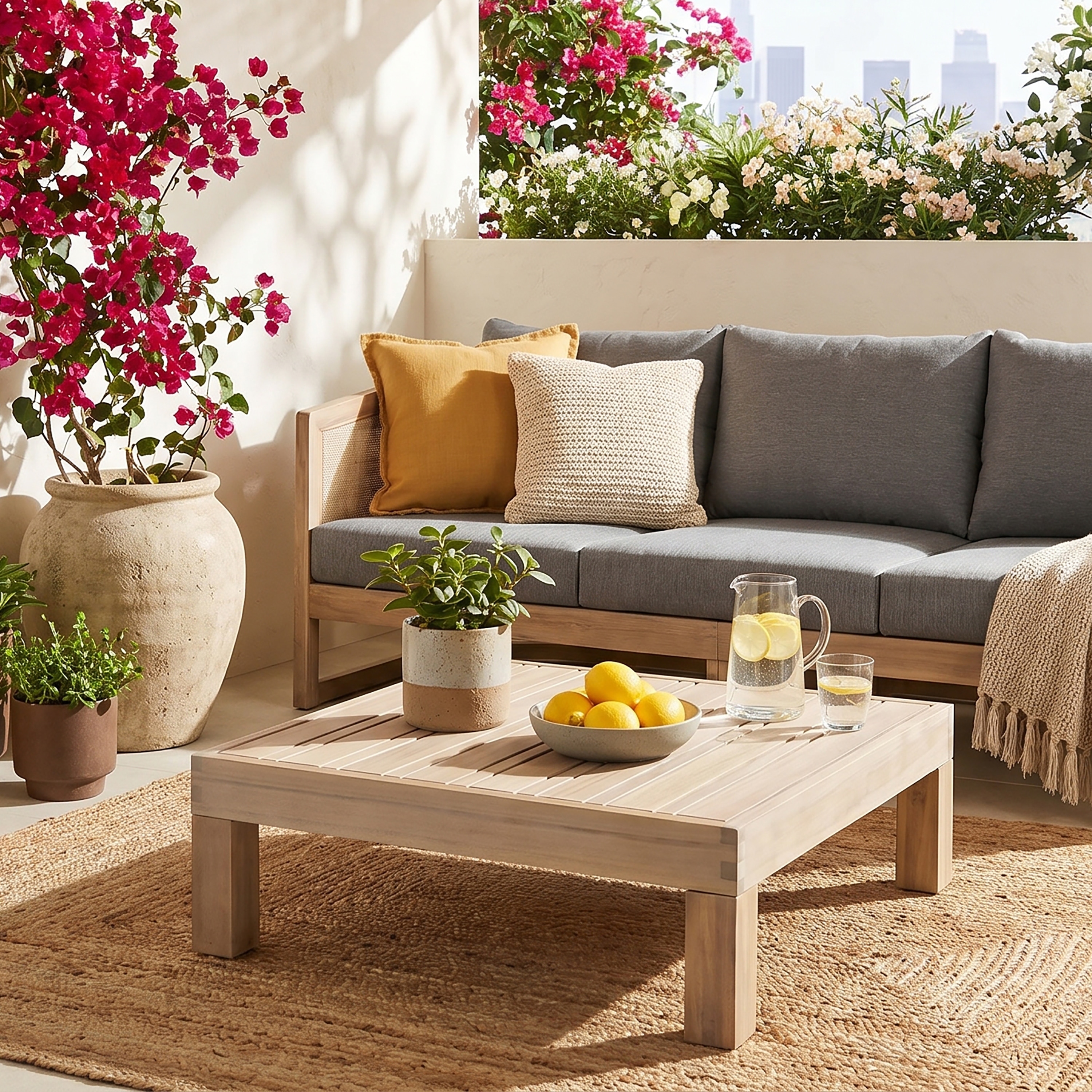Christopher Knight Home - Oana Rustic Outdoor Coffee Table, 29.5" Square Low-Profile Acacia Wood Frame & Slatted Tabletop Panel