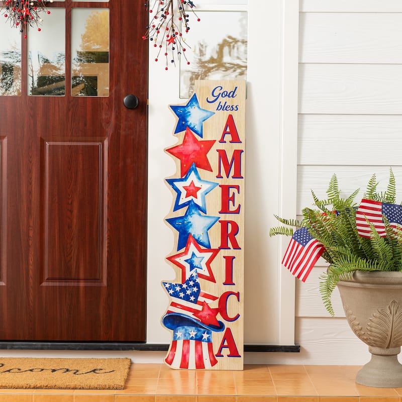 Glitzhome 42"H Lighted Patriotic/ Americana Wooden Stacked Stars Porch Sign with Timer
