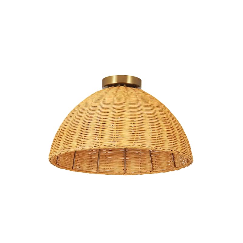 16.5" W Boho Coastal Brown Handwoven Rattan Dome Flush Mount Ceilig Light for Kitchen, Hallways