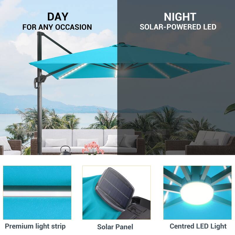 LIVOOSUN Patio10x10FT LED Aluminum Cantilever Umbrella Solution-Dyed Fabric w/Base