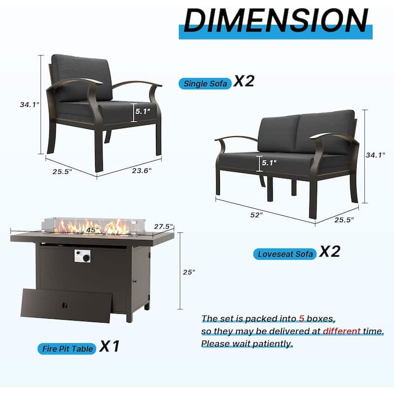 Aluminum Patio Furniture Set with FirePit Ottomans Swivel Chairs,Sectional Sofa with Thick Seat Cushions for Porch Garden