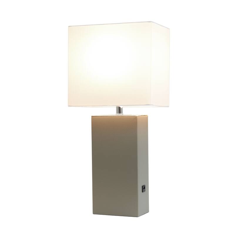Modern Leather Table Lamp with USB and White Fabric Shade