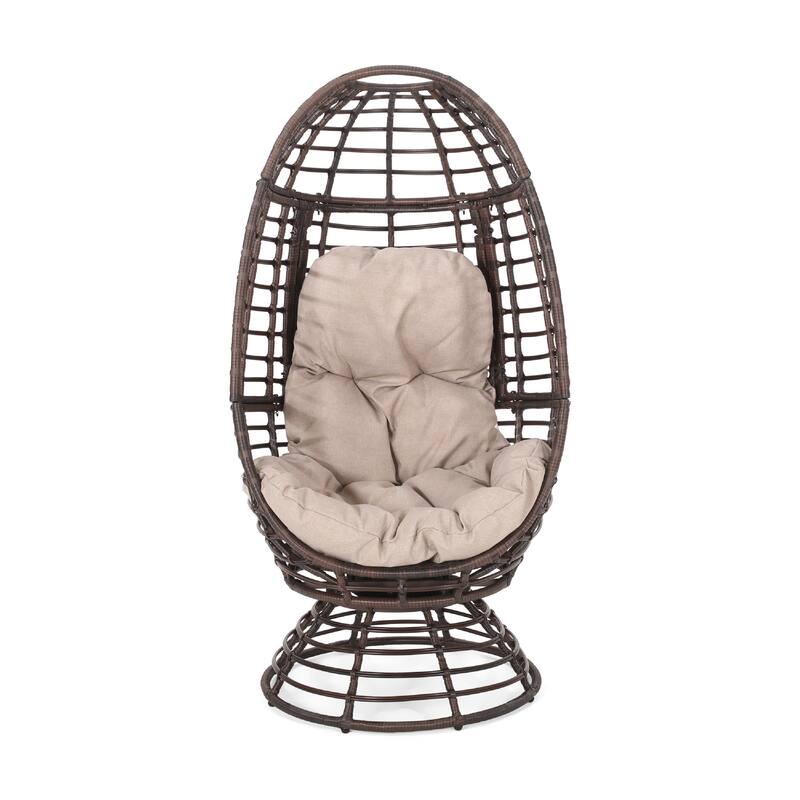 Swivel Outdoor Egg Chair, Brown PE Woven Rattan, Iron, Beige Polyester