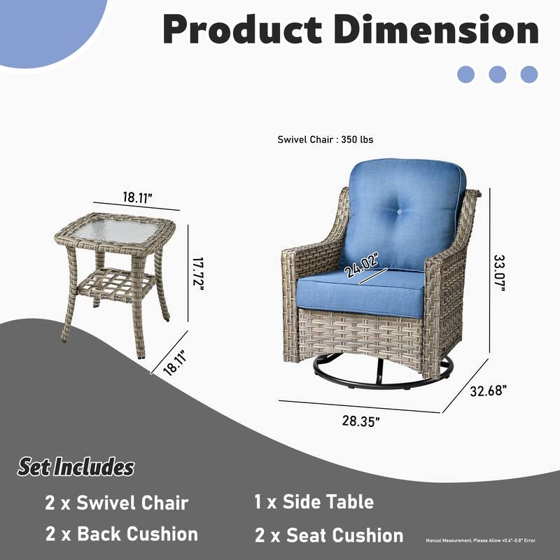 XIZZI 3-Piece Swivel Rocking Chair Rattan Wicker Outdoor Patio Furniture Bistro Set