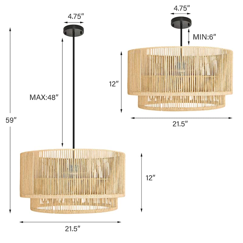 1-Light Rattan Rope Handwoven Hanging Pendant Light